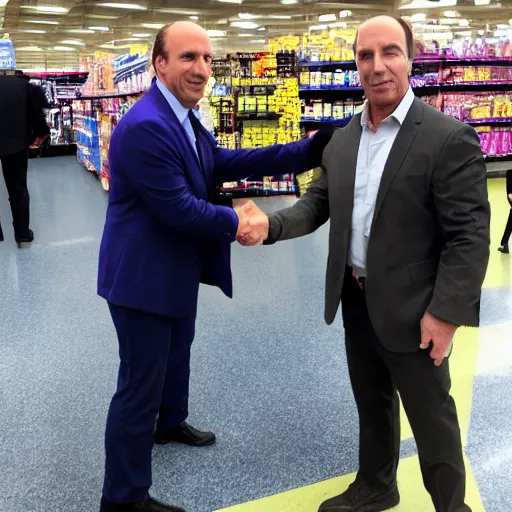 Image similar to saul goodman shaking hands with thanos at a walmart