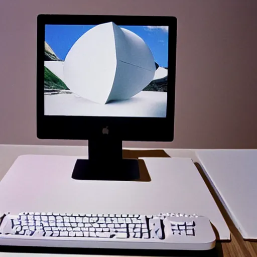 Prompt: a 1998 Apple iMac desktop computer, designed by M. C. Escher