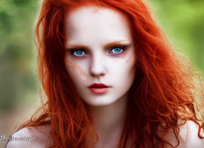 Image similar to award winning 5 5 mm close up face portrait photo of an anesthetic gorgeous redhead woman with small nose, blood - red wavy hair and intricate eyes, in a park by luis royo