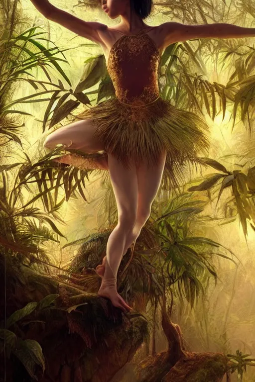 Prompt: stunningly beautiful, asian prima ballerina in jungle, symmetrical face, golden hour, smooth, focus, highly detailed, hyper realistic, dramatic lighting, elegant, intricate, concept art, art by wlop, mars ravelo, greg rutowski