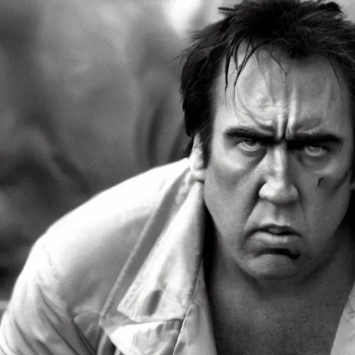 Image similar to nicholas cage as the hulk, gritty portrait, film still