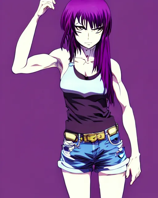 Image similar to style of madhouse studio anime, black lagoon manga, loish, artgerm, comic art, portrait of revy from black lagoon, symmetrical eyes and symmetrical face, jean shorts, white tank top, purple hair, sarcastic evil smirk on face, sky and ocean background