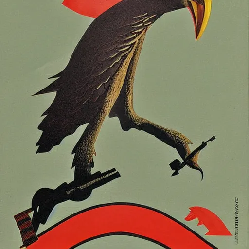 Image similar to a detailed and complex uncut full body soviet propaganda poster depicting a dromaius in military uniform. painting by dmitri moor