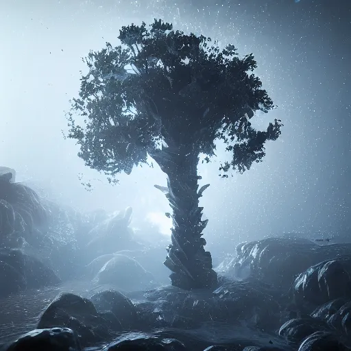 Image similar to crystal tree splash, closeup, extremely gloomy lighting, shining light and shadow, atmospheric, cinematic, unreal Engine, trending artstation hyperdetailed 8K