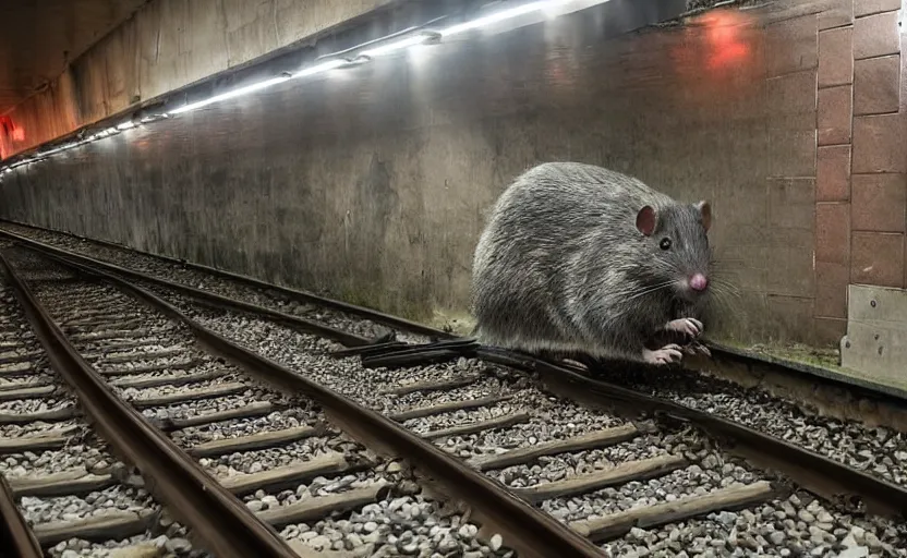 Image similar to very large giant mutant antropomorphic rat staying on railways in tonnel of moscow subway. extreme high detail. low light, scary atmosphere, darkness