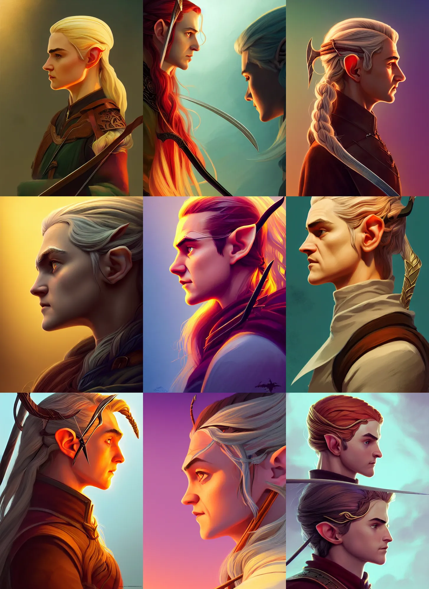 Prompt: side profile centered painted portrait, legolas as an elf ranger, angry, d & d, gloomhaven, matte painting concept art, art nouveau, beautifully backlit, swirly vibrant color lines, fantastically gaudy, aesthetic octane render, 8 k hd resolution, by ilya kuvshinov and cushart krentz and gilleard james