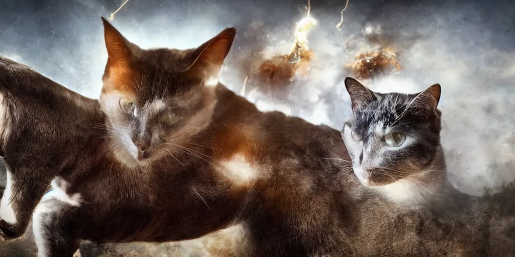 Image similar to cyborg cat sitting on a horse against the background of an explosion, punished, war, hyperrealistic, sharp focus, award winning photo