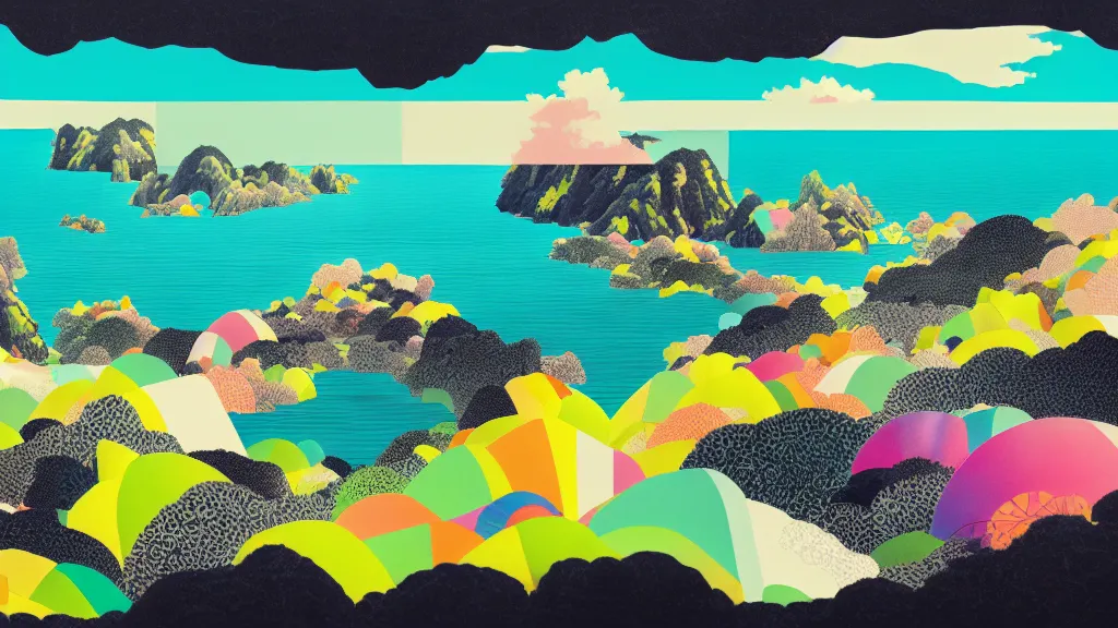 Prompt: dramatic landscape of okinawa prefecture, japan, a collage painting, in the style of wes anderson, lola dupre, okuda, david hockney, isolated on negative white space background dark monochrome neon fluorescent spraypaint accents volumetric octane render