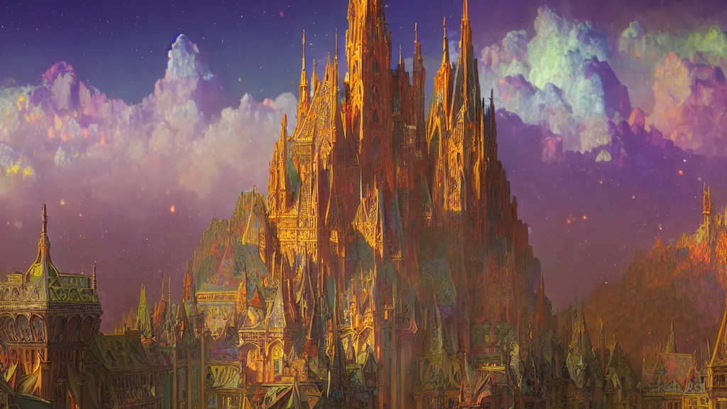 Image similar to a beautiful highly detailed matte painting of colorful castle nebulas by moebius, alphonse mucha, subject in view, highly detailed, intricate design, 8 k resolution, octane render, trending on artstation and cgsociety