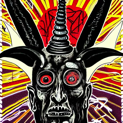 Prompt: graphic illustration, creative design, baphomet with aleister crowley, biopunk, francis bacon, highly detailed, hunter s thompson, mixed media