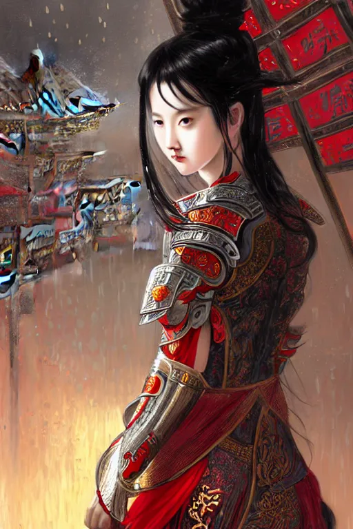 Image similar to portrait black hair young knights of Dynasty Warriors girl, metallic red mirror armor, in ruin chinese temple rooftop heavily rain sunrise, ssci-fi and fantasy, intricate and very beautiful and elegant, highly detailed, digital painting, soft light, artstation, concept art, smooth and sharp focus, illustration, art by tian zi and WLOP and alphonse mucha