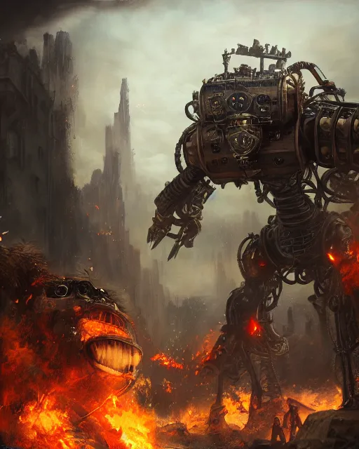 Prompt: oil painting of King Kong Robot attacking, Steampunk, sharp focus, fantasy style, steampunk city background, octane render, volumetric lighting, 8k high definition, by greg rutkowski, highly detailed, trending on art Station, magic the gathering artwork, centered, dramatic artwork, combat scene, fire, explosions