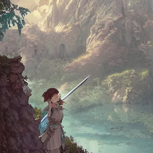 Image similar to the knight and the sword of rose petal, anime, castle core, mountains, rocky roads. by hayao miyazaki and rossdraws and artgerm and greg rutkowski and alphonse mucha and studio ghibli and ilya kuvshinov. high quality, stunning, intricate detailed environment. 8 k