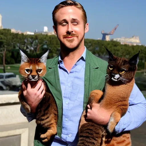 Image similar to Ryan Gosling holds a caracal cat in his hands against the backdrop of the Eiffel Tower