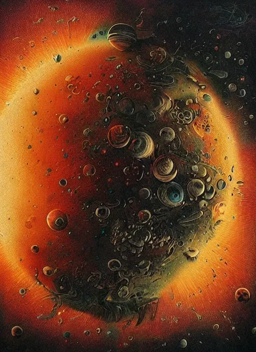 Image similar to spheres being covered by extremely detailed splatters of abstract pant, exploding, cracking planets and moons engulfed in flames in the style of, pascal blanche, surreal, beksinski, high detailed