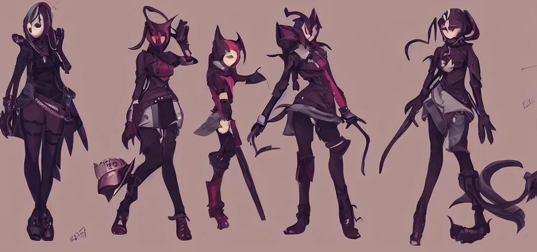 Prompt: concept art of female video game characters head designs, gothic, disgaea, flcl, overwatch, unique silhouettes, cute casual streetwear, by marc brunet and artgerm