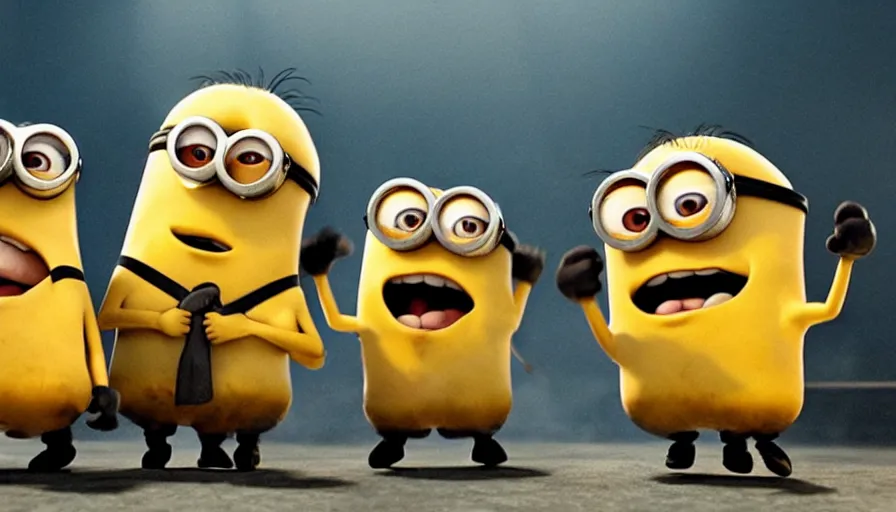 Image similar to fight!!! club!!!!, fight!!! club!!!! ((((the minions)))), movie still, directed by David fincher