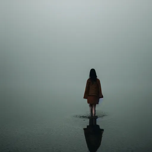 Image similar to a woman, standing in shallow endless water, foggy, backlit, backlit, photo by Marat Safin, Canon EOS R3, f/1.4, ISO 200, 1/160s, 8K, RAW, unedited, symmetrical balance, in-frame