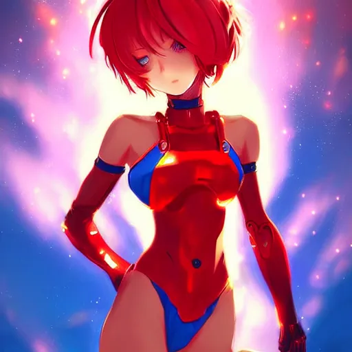 Prompt: digital anime art, cute girl, red mech arms and red mech legs, blue watery eyes!!!, gold short hair!!!, red bikini, full body!!!, wlop, rossdraws