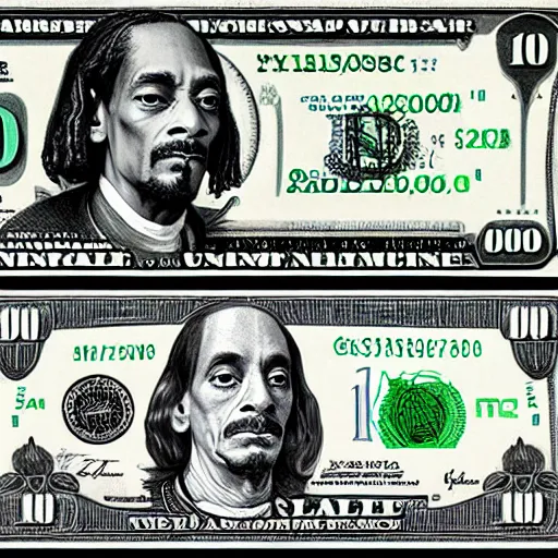 Image similar to a thousand dollar us bill featuring snoop dogg