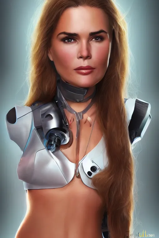 Image similar to mix of beautiful young maria shriver, mariel hemmingway, brooke shields, nicole kidman and elle macpherson as a cyborg terminator, thin lips, hair tied up in a pony tail, dark blonde hair, colorful, artstation, cgsociety