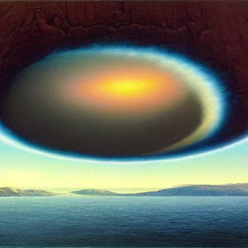 Prompt: a painting of a giant vortex hole in lake tahoe, a surrealist painting by Bob Eggleton, deviantart, nuclear art, apocalypse art, apocalypse landscape, hyper realism