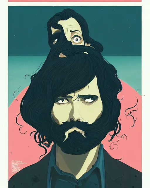 Prompt: portrait of an unkle blue moon with long black hair and beard, by tomer hanuka