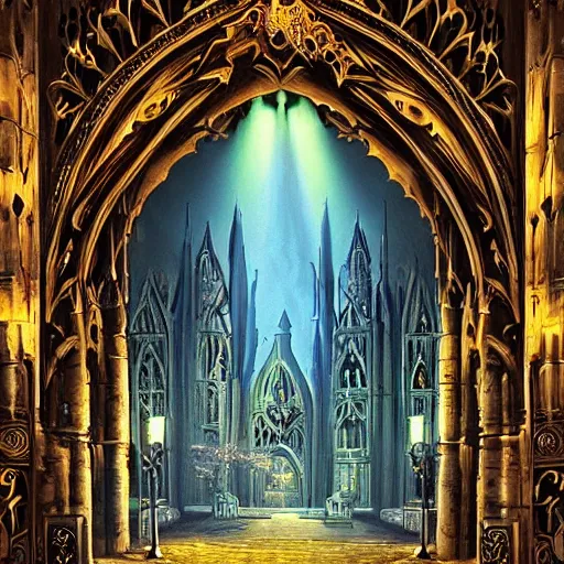 Image similar to live performance stage, ornate gothic style with lights and large sound speakers, by Megan Duncanson and Raphael Lacoste, detailed 3d gothic oil painting