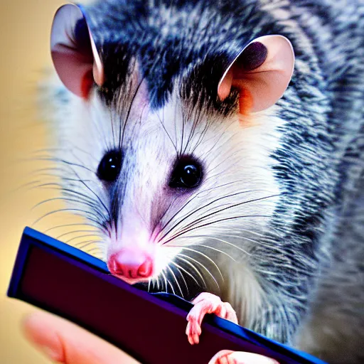 Image similar to hd digital photography of an opossum holding up the picture it made in its paws.