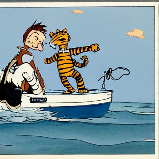 Prompt: calvin and hobbes sailing thier yacht