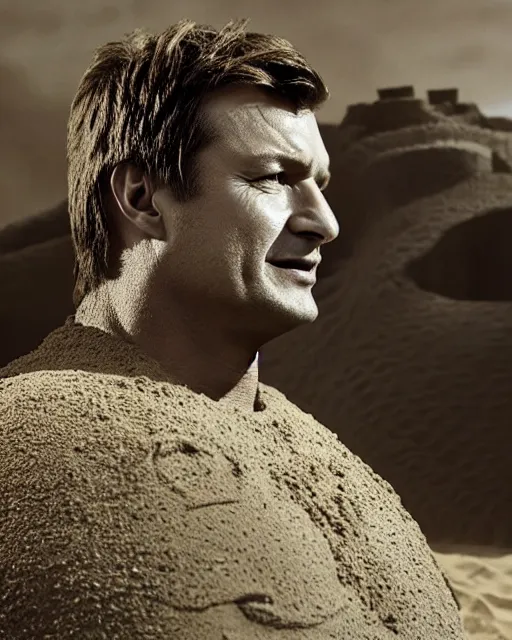 Image similar to nathan fillion as a sandcastle, beautiful composition, cinematic lighting
