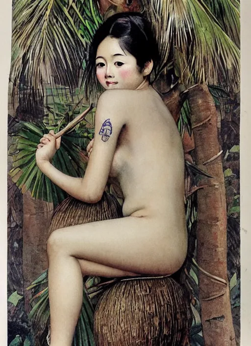 Image similar to a beautiful asian girl with a tattoo of a coconut tree on her body by Norman Rockwell