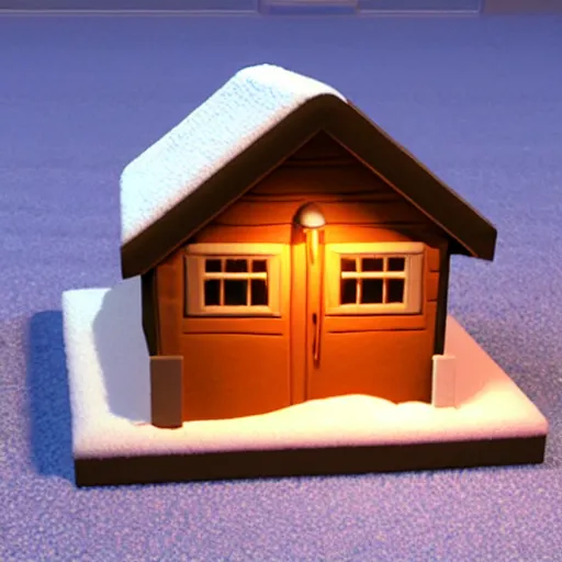 Image similar to cute clay model 3 d printed isometric cozy winter cabin at twilight, nintendo art