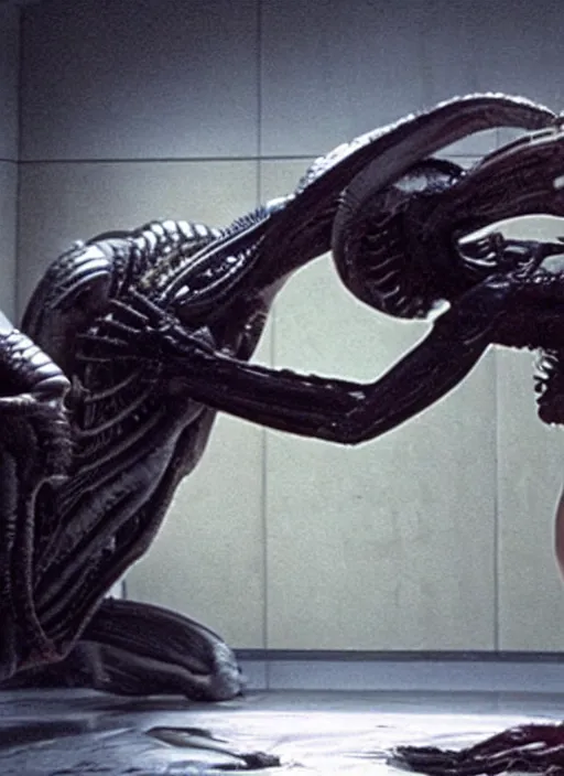 Image similar to cinematic film still of kim kardashian pushed against a wall by an xenomorph in Alien.