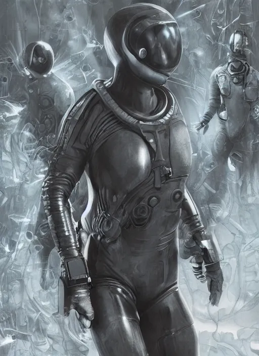 Image similar to astronauts in dark and empty void underwater - complex and hyperdetailed technical suit. reflection and dispersion materials. rays and dispersion of light. volumetric light. 5 0 mm, f / 3 2. noise film photo. flash photography. ultra realistic, wide angle. poster by wayne barlowe, hajime sorayama aaron horkey, craig mullins