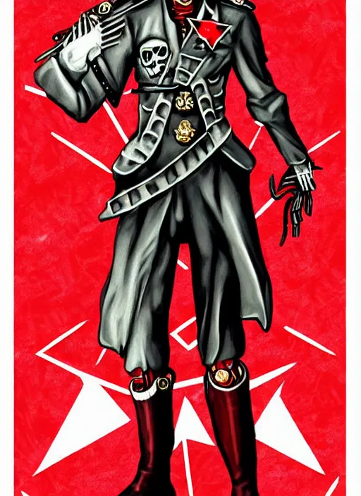 Image similar to shin megami tensei art of a demon that is a skeleton soviet!! soldier!! from 1 9 2 0 s wearing a budenovka!!! with a red star!!, art by kazuma kaneko, demonic! compedium!, law aligned, digital drawing, white background, very high quality, very highly detailed