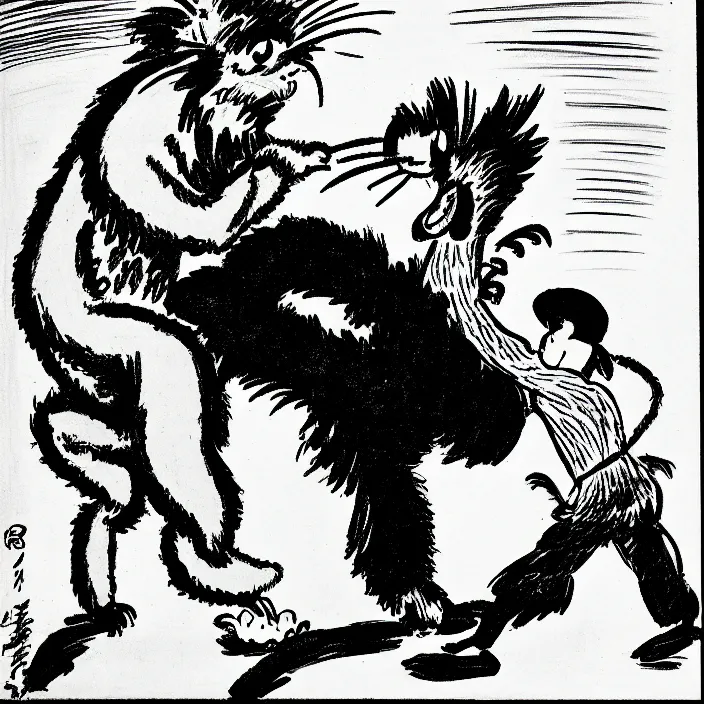 Image similar to a still frame from comic strip, person fighting with a black hairy furry bird 1 9 5 0, herluf bidstrup, new yorker illustration, monochrome contrast bw, lineart, manga, tadanori yokoo, simplified,