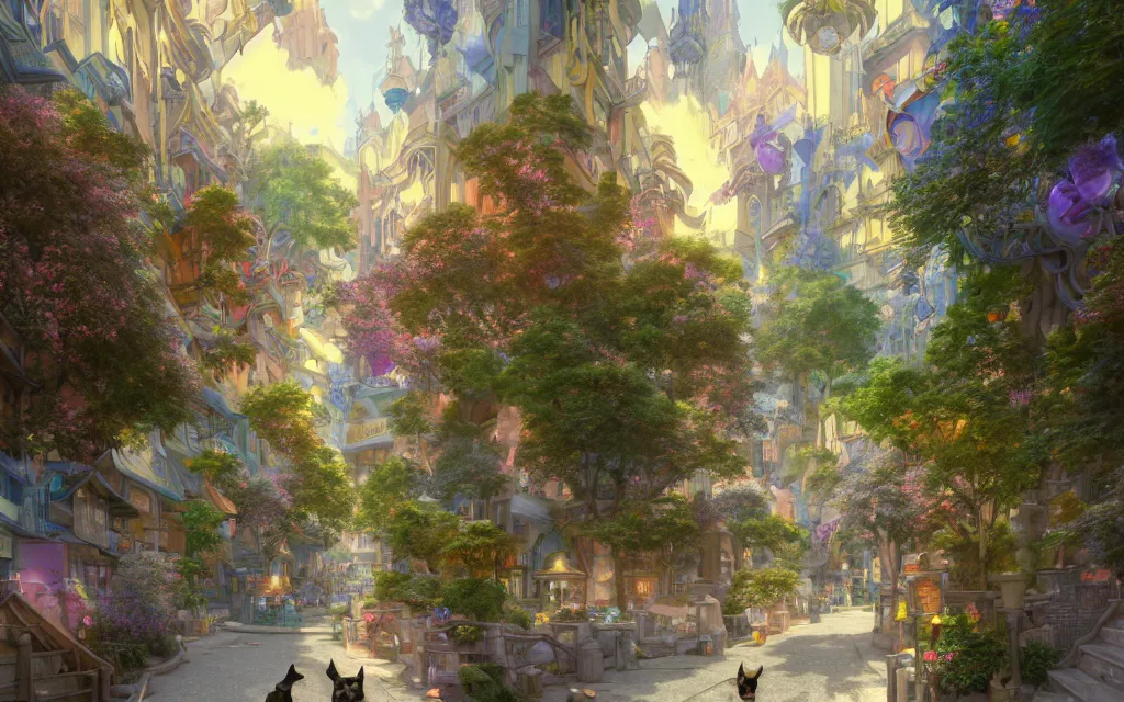 Prompt: a dreamy otherworldly 3 d render of stone pathway through lively city full of animals, cats, rodents, chicken, studio ghibli, pixar and disney exploded - view drawing, sharp, disney octane render splatter paint vray by shinji kimura and alphonse mucha and alena aenami, maximalist pastel color palette, ( ( bloom ) ), dramatic lighting