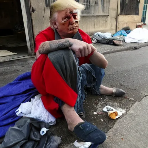 Image similar to donald trump dressed as a homeless man living in the slums