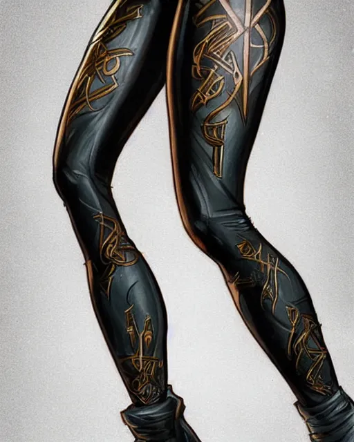 Image similar to Perfect leggings pattern imitating elfish tattooes, focus on the pants and boots with graved runes, close-up on legs, highly detailed, digital painting, artstation, concept art, smooth, sharp focus, illustration, art by Artgerm and Hajime Sorayama