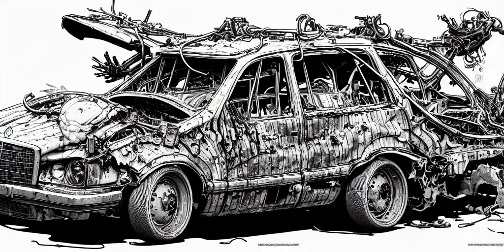 Image similar to a big woman axolotl in burning wrecked mercedes 1 2 4, ultrafine hyperdetailed illustration by kim jung gi