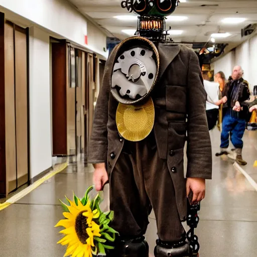 Image similar to ethan klein as a steampunk robot holding a large sunflower in a long futuristic hallway