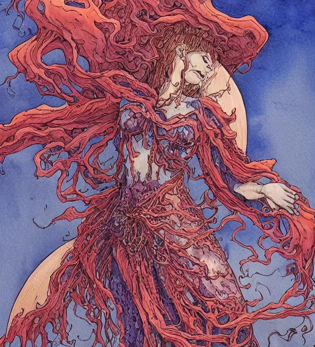 Prompt: a watercolor ink painting of a monstrous inhuman goddess of natural - disasters hiding in the style of jean giraud in the style of moebius trending on artstation deviantart pinterest detailed realistic hd 8 k high resolution