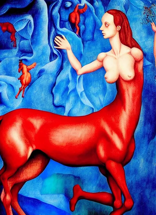 Image similar to only with blue, ney motogrosso in love with a red stallion, too many hands in all directions, in hoc signo vinces, waterfall, in the style of leonora carrington, gottfried helnwein, raqib shaw, chiaroscuro intricate composition, blue light by caravaggio, insanely quality, highly detailed, masterpiece, red light, artstation