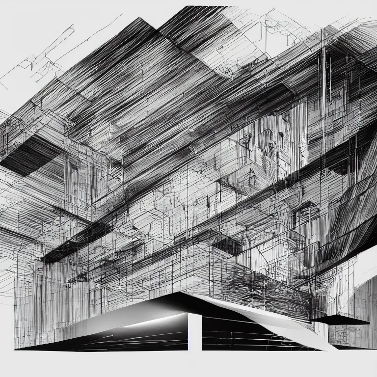 Prompt: a black and white drawing of a architectural elevation by zaha hadid, a screenprint by robert rauschenberg, behance contest winner, deconstructivism, da vinci, constructivism, greeble