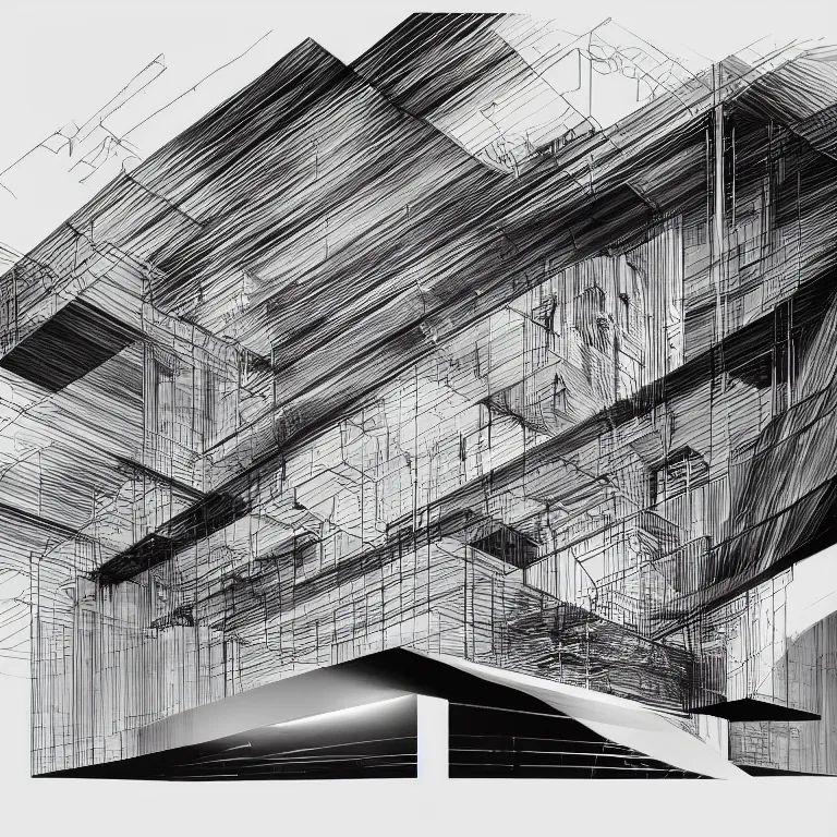 Image similar to a black and white drawing of a architectural elevation by zaha hadid, a screenprint by robert rauschenberg, behance contest winner, deconstructivism, da vinci, constructivism, greeble