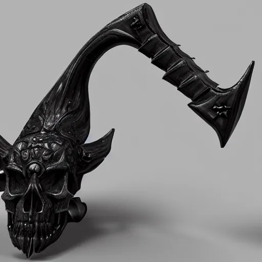 Image similar to a black sword skull handle, ornament, weapon, a 3 d render by dom qwek, studio lighting, raytracing, trending on polycount, futurism, hard surface modeling, rendered in maya, 3 ss max, blender, artstation hd