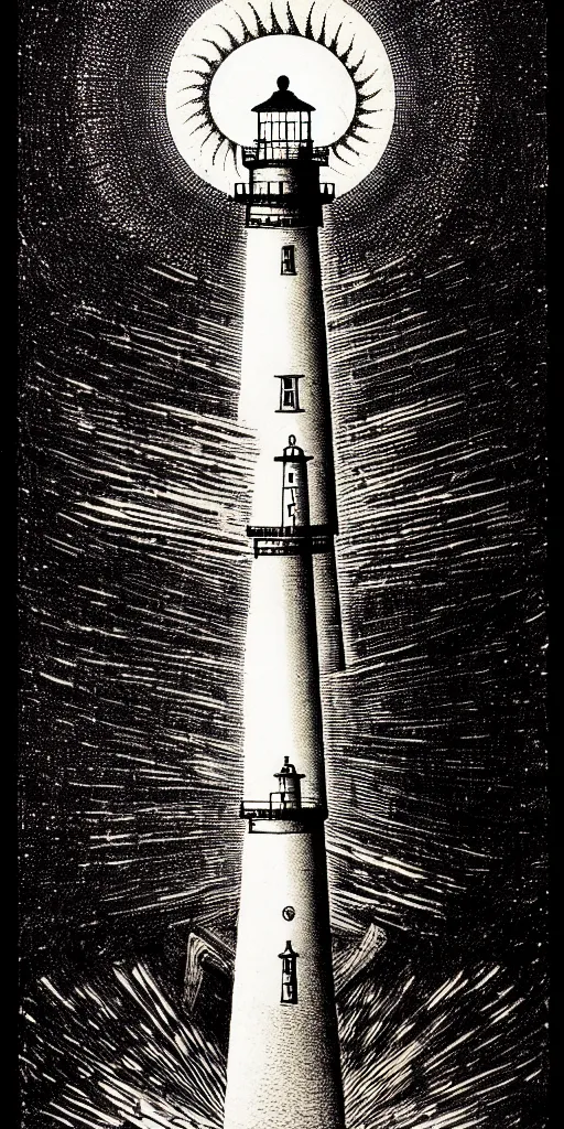 Image similar to an epic lighthouse radiates a unique canto'as above so below'while being ignited by the spirit of haeckel and robert fludd, breakthrough is iminent, glory be to the magic within, in honor of saturn, painted by ronny khalil