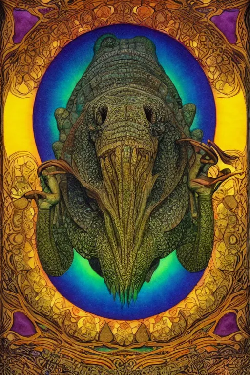 Prompt: beautiful crocodile headed god by maxfield parrish, mandala, coherent design, symmetrical, vivid colors, digital watercolor ink illustration painting, complementary color, golden ratio, detailed, sharp lines, sharp focus, intricate, rainbowshift, artgerm, gustave dore, alphonse mucha, octane render