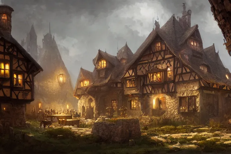 Prompt: fantasy house tavern in german medieval style, concept art on black background, darek zabrocki, greg rutkowski noah bradley,